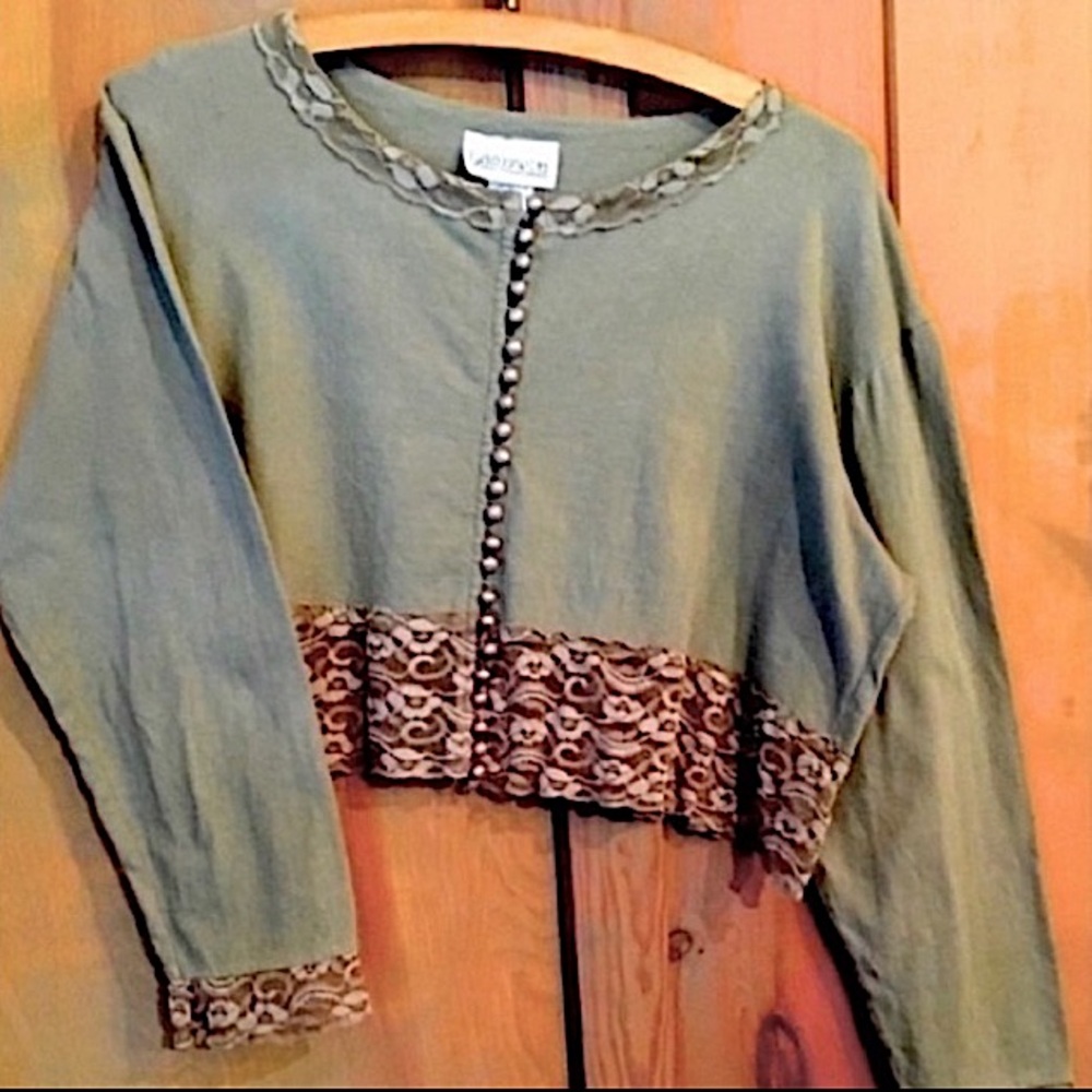 LYDIA JANE LTD Top Vintage Boxy Long Sleeve Cotton Olive Green Lace Size Large